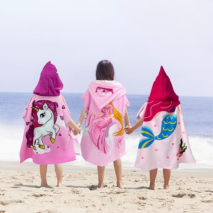 Hooded Kids Beach Towels - Toddler Bath Towel Girls Boys Swim Cover-ups for Ages 4 to 10 Kids Pool Towels Quick Dry Lightweight Soft Microfiber Poncho 30x30 with Bag (Pink Unicorn)