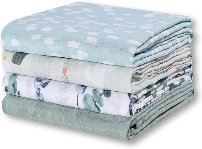 Little Grape Land Muslin Swaddle Blankets 47''x47'' 4 Pack, 100% Cotton Large Size Baby Swaddles for Newborn, Soft Breathable Baby Blankets for Newborns, Green