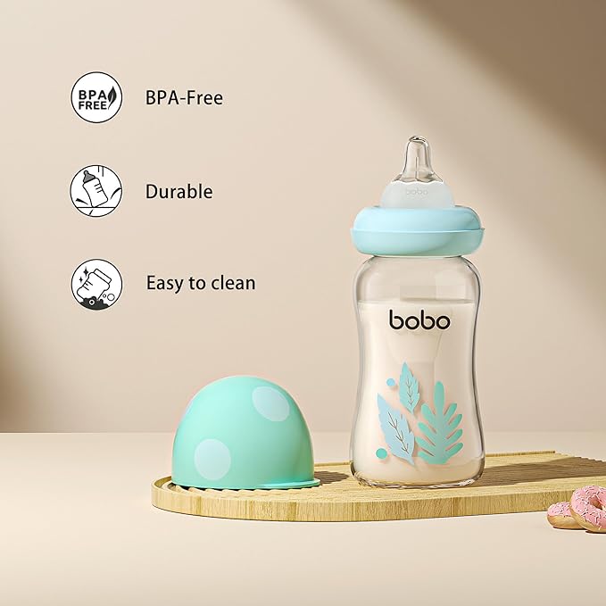 YOHKOH Natural Glass Baby Bottle with Level 1 Slow Flow Nipple, Newborn Anti-Colic Baby Bottles, Wide Neck Mushroom Baby Glass Bottle ((5.4oz (Pack of 2), Blue-A)
