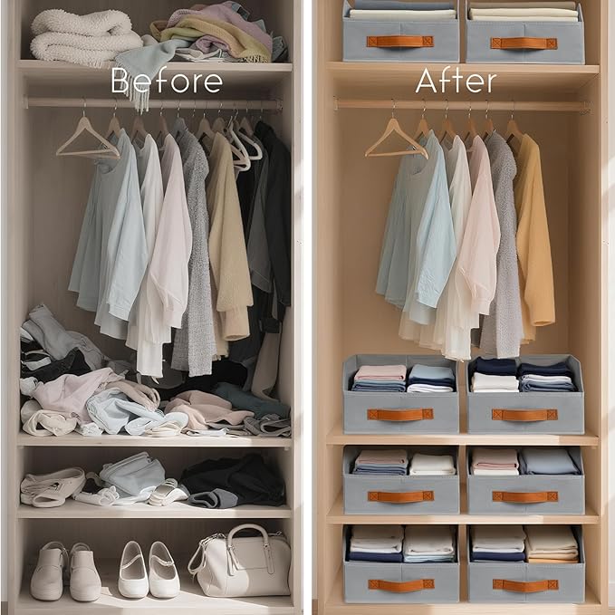 Fabric Storage Bins for Organizing - 10 Pack Large Trapezoid Collapsible Storage Bins with Front Handle, Closet Organizers and Storage for Bedroom, Home Shelves, Small Spaces, Grey