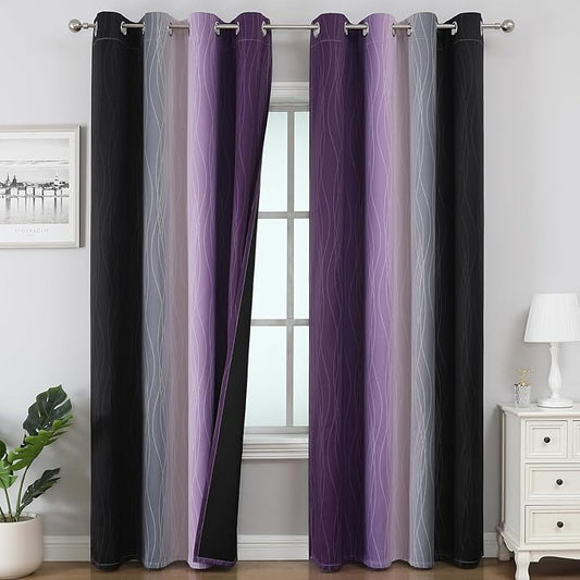 Estelar Textiler Purple and Black Ombre Blackout Curtains 102 Inches Long 2 Panels Set, Thermal Insulated Gradient Drapes for Bedroom, Energy Saving Grommet Curtains for Living Room,52Wx102L