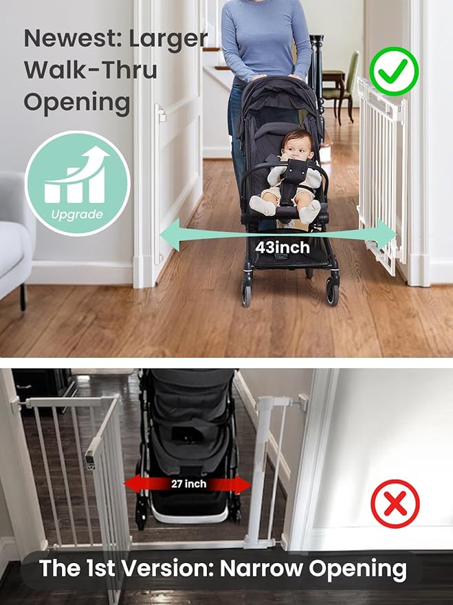 Grownsy Baby Gate for Stairs- No Bottom Bar, 29.8” to 43.5” for Child and Pet, Dog Gate with Auto-Close & One-Hand Operation, Hardware-Mounted (Drill Needed) Installation for Doorways and Indoor Use