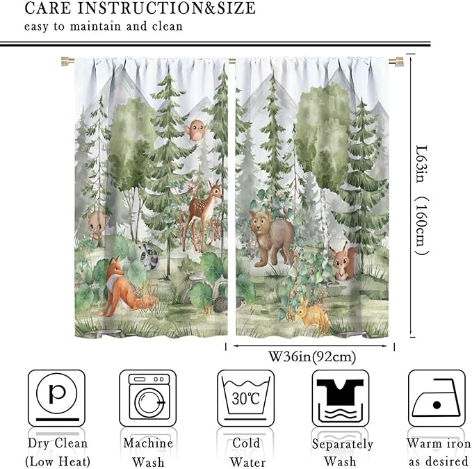 Kids Forest Animal Curtains,Fox Elk Bird Animal Watercolor Woodland Print Curtains Kids Nursery Bedroom Living Room Home Decoration 72x63 Inch