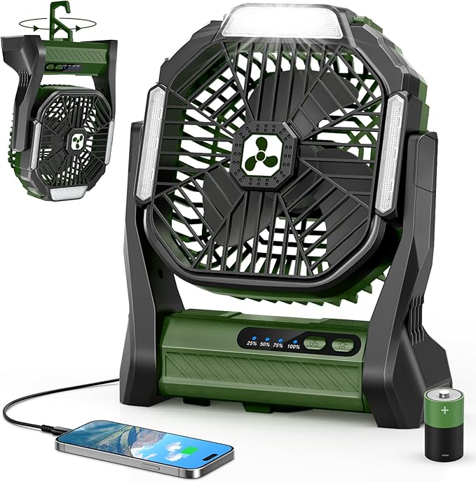Portable Rechargeable Fan, 20000mAh Cordless Battery Powered Camping Tent Fans with LED Lantern, Small USB C Operated Outdoor Ventilador for Travel Camp Fishing Picnic Home Power Outage Emergency
