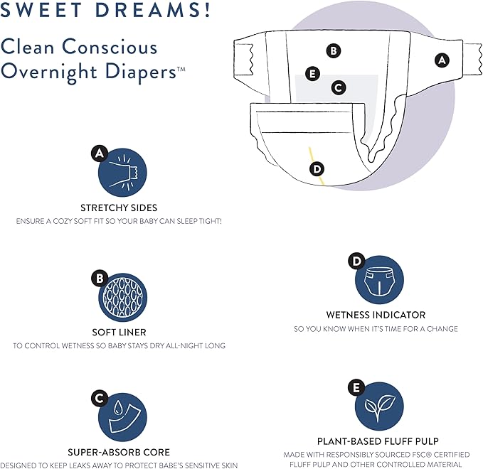The Honest Company Comfort Dry Disposable Overnight Diapers for Sensitive Skin, Hypoallergenic, Baby Cozy Cloud and Star Signs Design Club Box Size 4 (22–37 lbs) 48 Count
