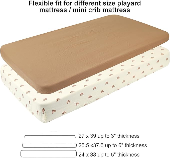Onacosht Muslin Mini Crib Sheets, 39" x 27" Pack and Play Mattress Sheets Fitted for Pack N Play, Soft Cotton for Boys Girls, 2 Pack, Natural and Rainbow