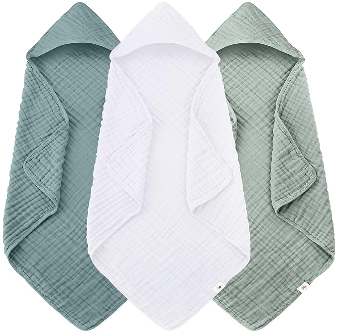 Sunny zzzZZ Muslin Hooded Baby Bath Towels - 3 Pack 100% Cotton Soft Low-Saturation Pastel Towels Including Classic White for Newborns, Infants, Toddlers - 32x32 Inch - Light Emerald and White