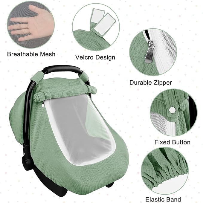 Hooyax Muslin Car Seat Covers for Babies, Summer Baby Car Seat Cover for Boys Girls with Breathable Window, Lightweight Infant Car Seat Canopy, Green