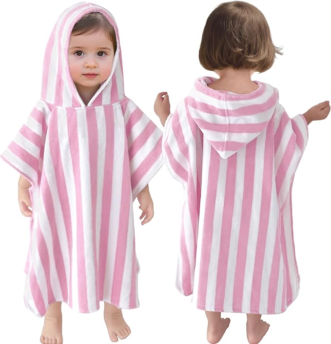 VOOVA & MOVAS Toddler Towels with Hood, Oversized (2-4Years,22"X22") Made from 100% Soft Cotton,Absorbent Hooded Poncho Towel for Baby Girls,Perfect for Pool | Swimming | Bath | Beach,Pink Stripe