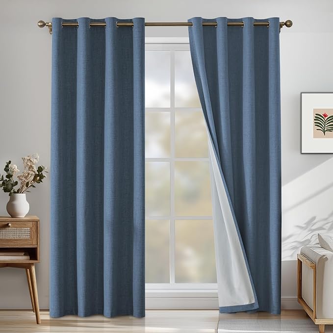 Linen 100% Blackout Curtains for Bedroom, Room Darkening Curtains for Living Room, 108 Inch Blackout Curtains, Extra Long Curtain Grommets Drapes, Thermal Curtains (2 Panels, Navy Blue)