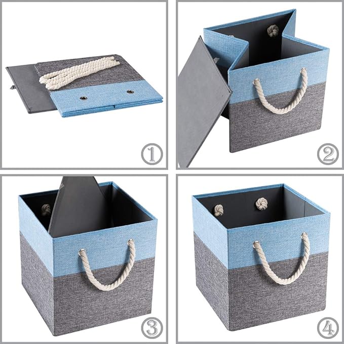 PRANDOM Large Foldable Cube Storage Bins 11x11 inch [2-Pack] Fabric Linen Storage Baskets Cubes Drawer with Cotton Handles Organizer for Shelves Nursery Closet Bedroom Blue