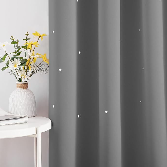 NICETOWN Kids Blackout Curtains with Star Hollow-Out for Bedroom, Grommet Thermal Insulted Galaxy Window Curtains for Nursery Living Room, 42" W x 63" L, 2 PCS, Silver Grey