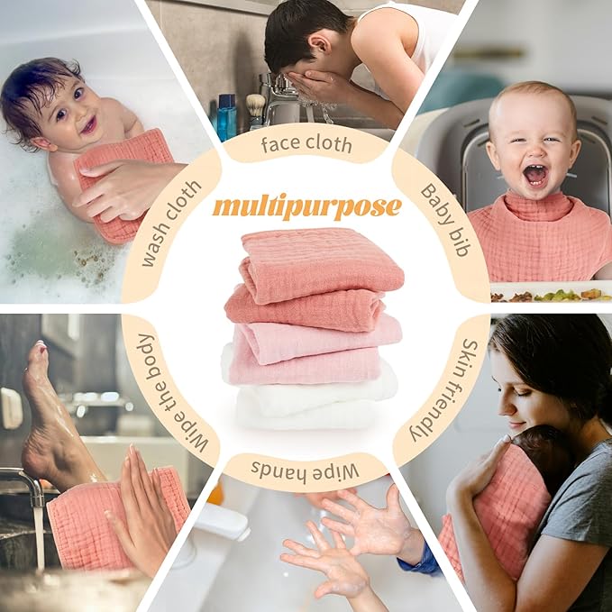 MIGIOL Baby Burp Cloth 100% Cotton Newborn Cotton Muslin Burp Cloth 10x20 inches (White & Pink 6 Pieces)