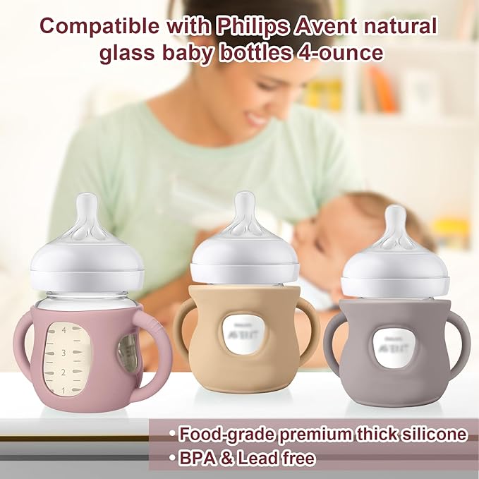 Juome Silicone Sleeves with Handles for Avent Natural Glass Baby Bottles - 3 Pack Anti Breakage Baby Bottle Holder for Philips Avent Glass Baby Bottle, Compatible with Phillips Avent Bottles 4oz