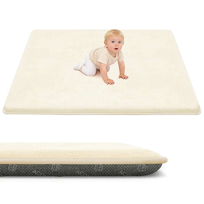 ACOMOPACK 1.3" Thick Baby Play Mat for Floor 59x71"-Large Water-Repellent&Non-Slip Memory Foam Mat for Kids,Toddlers,Soft Velvet Nursery Rug for Tummy Time&Crawling,Yoga,Tatami Style(Beige)