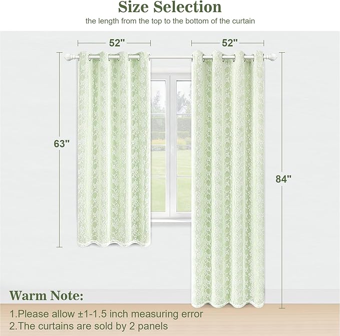 Yinhua Double Layer Blackout Curtains for Bedroom Green Curtains for Living Room 84 Inch Length 2 Panels Set Kid Curtain with Tiebacks, Grommet Drapes with Floral Sheer Overlay, 52" W x 63" L