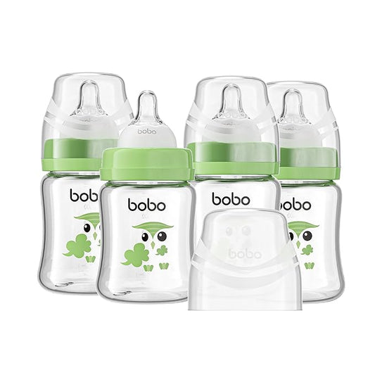 YOHKOH Glass Baby Bottles with Slow Flow Nipple, Newborn Anti-Colic Baby Bottles for 0+ Months, Wide Neck Feeding Bottle, Clear (Green, 5oz (Pack of 4))