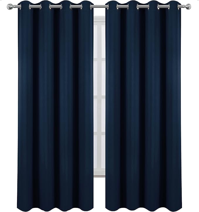 LEMOMO 100% Blackout Curtains 52 x 95 Inch Navy Blue Curtains 2 Panels Darkening Thermal Insulated Bedroom Curtains