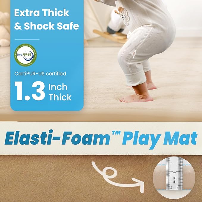 1.3" Thick Baby Play Mat for Floor, 39x59 Foam Tummy Time Mat, Padded Support Soft Plush Nursery Rug for Infant Kids Toddler Crawling Kick Activity (Beige)