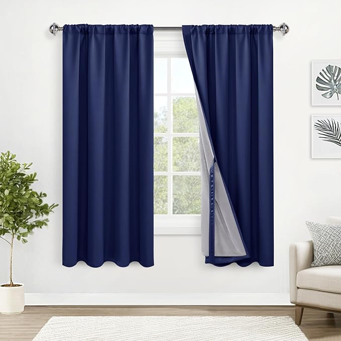 XWZO 100% Blackout Curtains 72 Inches Length - Heat and Light Blocking Rod Pocket & Back Tab Window Drapes with Black Liner Backing for Bedroom Sewn with Tiebacks, Navy Blue, W52 x L72, Set of 2