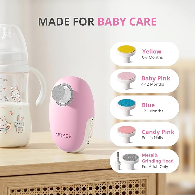 AIRSEE Premium Newborn Gift, Electric Baby Nail File, Cordless Safe Infant Nail Trimmer with 6 Replacement Pads, Magnetic Rechargeable Base, 360° LED Light, Baby Grooming Kit Gift (Candy Pink)