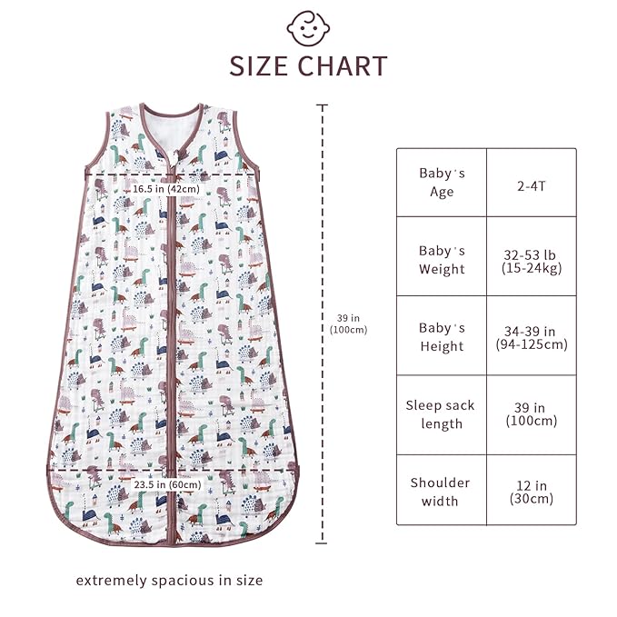 TADO MUSLIN Baby Sleep Sack 2-4 T Baby Wearable Blanket 100% Organic Cotton 0.5 TOG Toddler Sleep Sacks 2- Way Zipper Soft 4 Layers Muslin 2T 3T 4T Dinosaur
