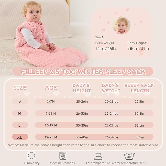 FILLEEP Fleece Baby Sleep Sack 18-24 Months with Plush Dots, Winter Baby Wearable Blanket for Infant Toddler Sleeping Sack 2-Way Zipper Warm Sleepsack, Pink