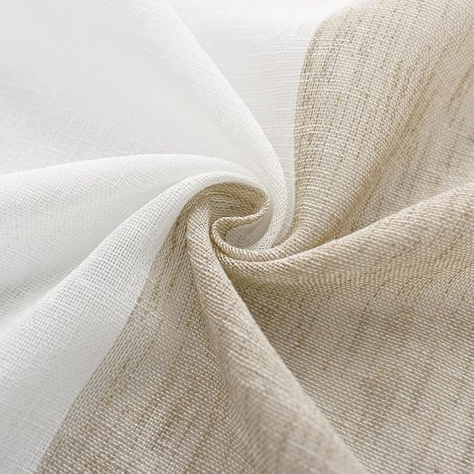 Central Park Tan and Spa Blue Stripe Sheer Color Block Window Curtain Panel Linen Texture Window Treatment for Bedroom Living Room Farmhouse 102 Inches Long with Grommets, 40"x102"x2