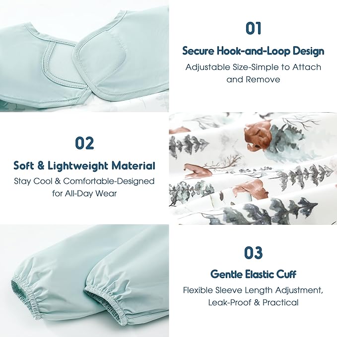 GRSSDER 2 Pack Long Sleeve Baby Feeding Bibs, Super Soft Lightweight Waterproof Coverall Baby Led Weaning Bib with Large Food Catcher Pocket, Adjustable and Easy Clean for 6-30 Months