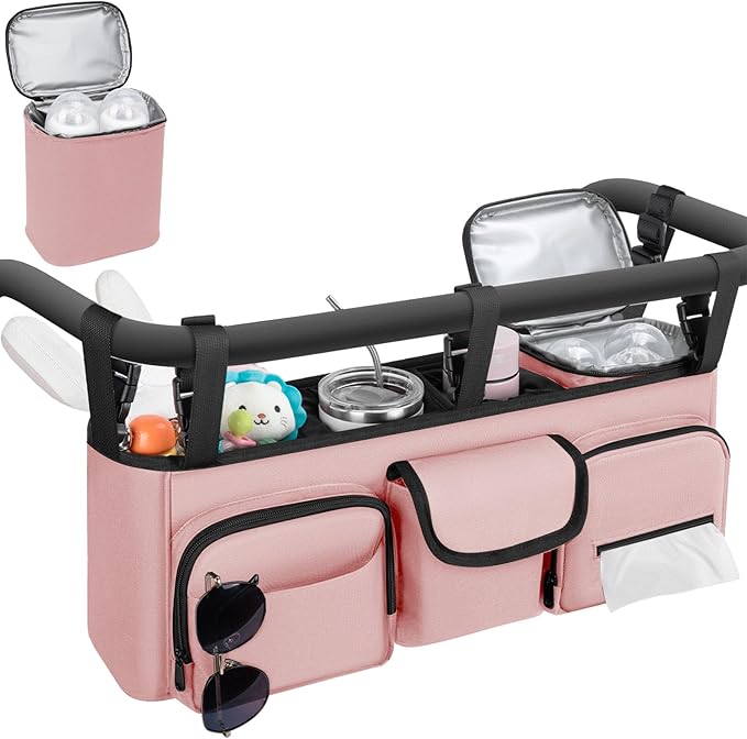 Double Stroller Organizer Compatible with Bob Duallie and Baby Jogger City Mini GT2, Double Baby Stroller Accessories with Cooler Bag, Parent Console Double Jogging Stroller Caddy, Pink