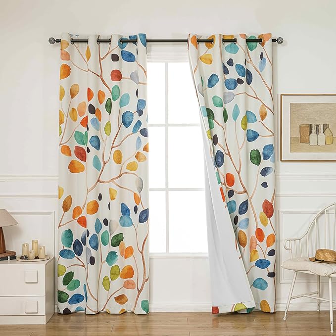Boho Watercolor Leaf Floral Blackout Curtains, Colorful Bohemian Print Window Drapes, Grommet 2 Panels Set for Bedroom Living Room Home Decor, 52x84 Inch