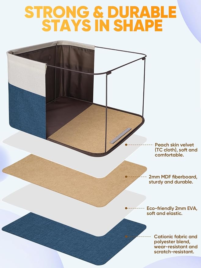 BALEINE 3 Pack Fabric Storage Bins for Shelves, Linen Storage Baskets for Organizing, Decorative Closet Bins for Clothes, Home (Navy Blue, 12"x8"x8")