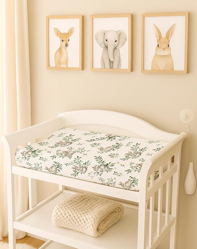 Changing Pad Cover for Baby Boys Girls 2 Pack, Fits Standard 32”×16” Changing Table Pads, Silky Breathable Stretch Knit, Machine Washable (Bunny Meadow)