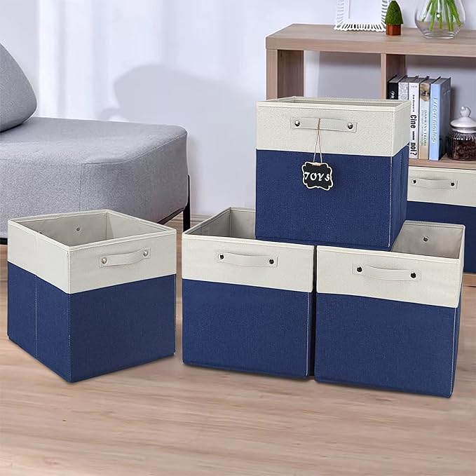 12x12 Collapsible Fabric Storage Cubes, Set of 4, White Blue, Linen Cardboard, 40 lbs Capacity, Kallax Compatible