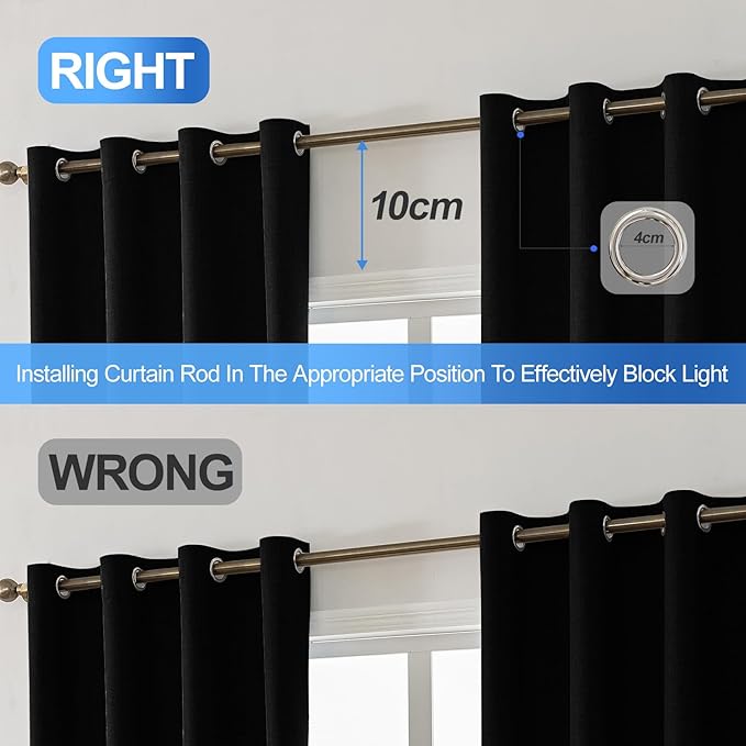 Linen 100% Blackout Curtains for Bedroom, Black Out Curtains 54 Inch Long, Room Darkening Curtains for Living Room, Long Curtain Grommets Drapes, Thermal Curtains(2 Panels, Black)