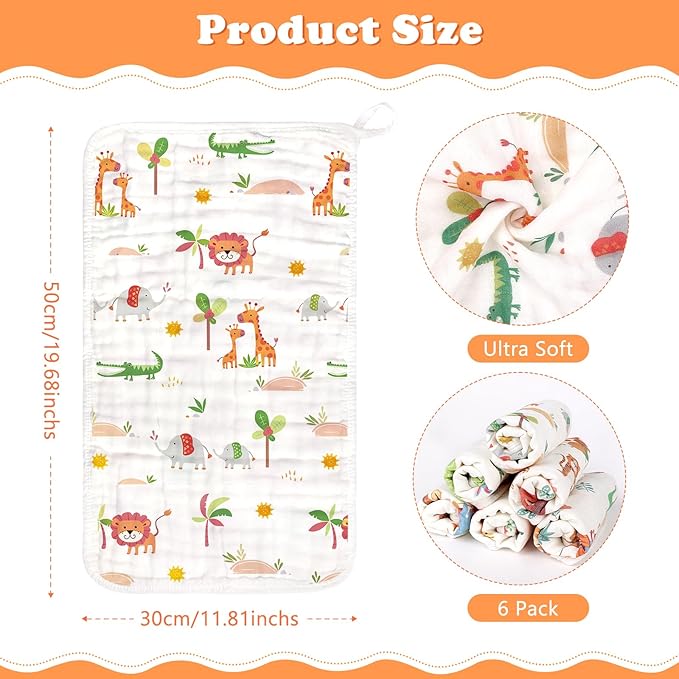 decalsweet Baby Burp Cloths Muslin Washcloths 6 Pack Muslin Burp Cloths 100% Cotton Large 20''x12'' Soft 6 Layers Baby Burp Rags for Boys Girls Baby Essentials for Newborn Gift Machine Washable