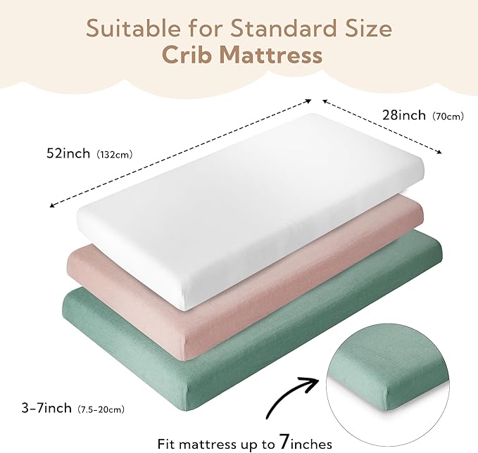 SOULFUL Muslin Crib Sheets for Boys Girls, 3 Pack Soft and Breathable Cotton Fitted Crib Sheets for Standard Crib Mattress (28"x 52", White & Dusty Rose & Green)