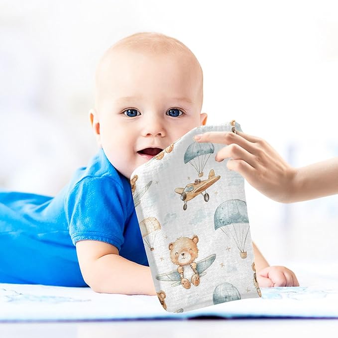 vvfelixl Cute Bear Pilot Baby Burp Cloths Baby Muslin Washcloths for Boys Girls Cotton Babys Face Towel for Newborn Infants Soft and Absorbent 11.8 X 11.8 in, 5 Pack