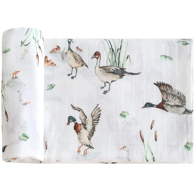 LifeTree Baby Swaddle Blankets, Muslin Swaddle Blankets Boys Girls Swaddling Wrap Receiving Blanket for Newborn, 70% Viscose Bamboo and 30% Cotton, Large 47" x 47", Mallard Duck Pattern