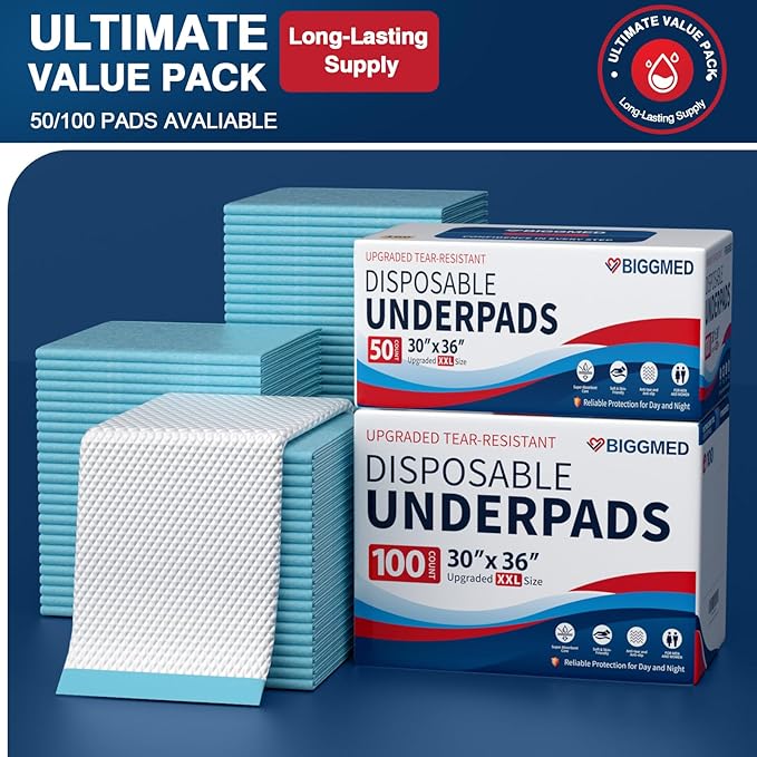 BIGGMED Tear-Resistant Disposable Bed Pads 30" x 36" 50 Count Absorbent Underpads, Chux Thicker Extra Large Incontinence Bed Pads, Pee Pads for Adults, Kids, Elderly, Pets