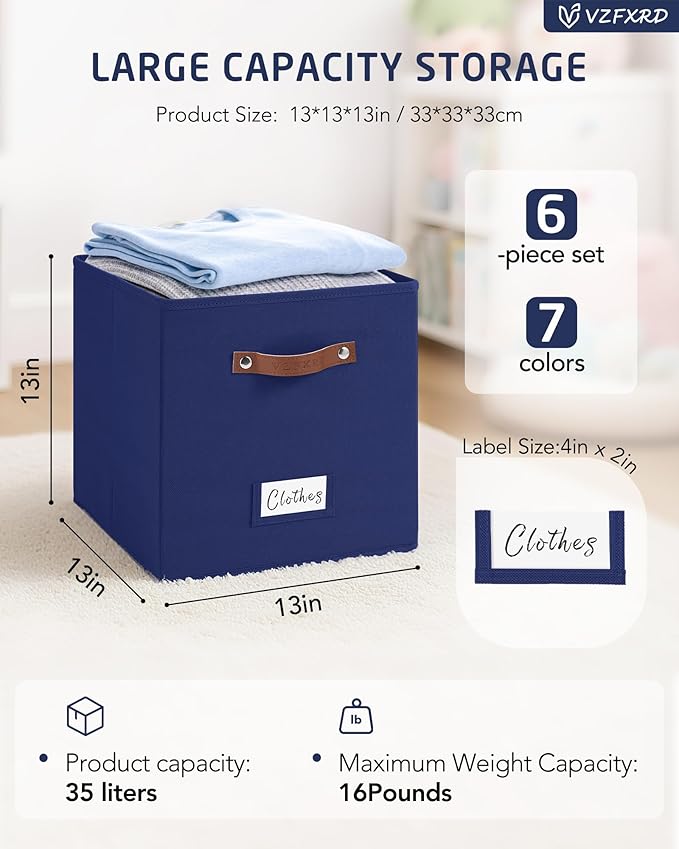 13 Inch Cube Storage Bin Fabric Basket with Handles and Labels, Cube Storage Organizer for Closet, Bedroom, Living Room (Blue,6 Pack)