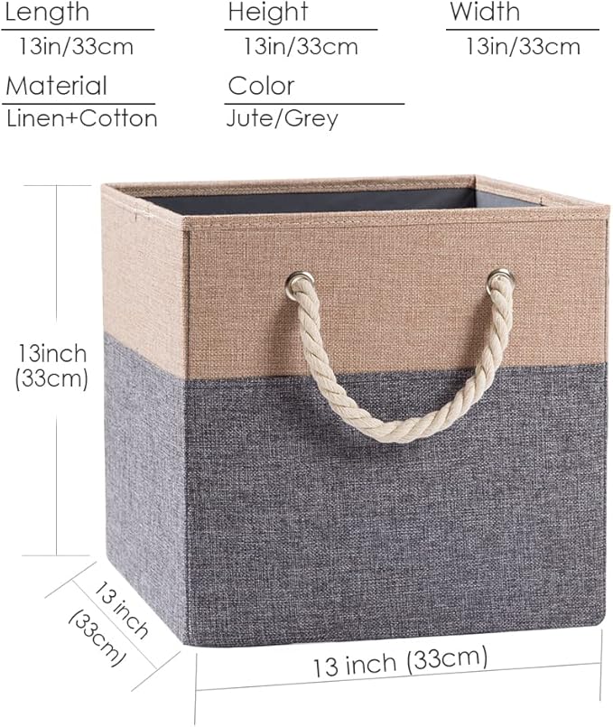 PRANDOM Large Foldable Cube Storage Bins 13x13 inch [2-Pack] Fabric Linen Storage Baskets Cubes Drawer with Cotton Handles Organizer for Shelves Nursery Closet Bedroom Khaki