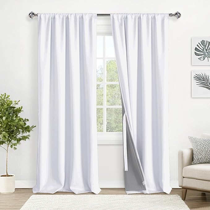 XWZO 100% Blackout Curtain Panels - Rod Pocket & Back Tab Thermal Insulated Black Liner Curtains, Noise Reducing and Heat Blocking Drapes for Hall and Studio with Tiebacks, White, W52 x L95, Set of 2