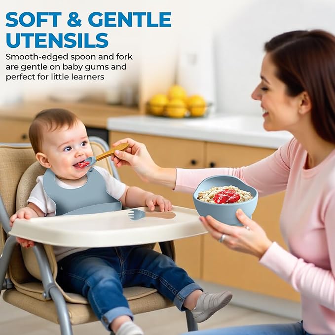 5-Piece Silicone Baby Feeding Set – Suction Bowl, Divided Plate, Adjustable Bib, Spoon & Fork – 100% Food-Grade Silicone, BPA Free, Non-Toxic, Dishwasher & Microwave Safe