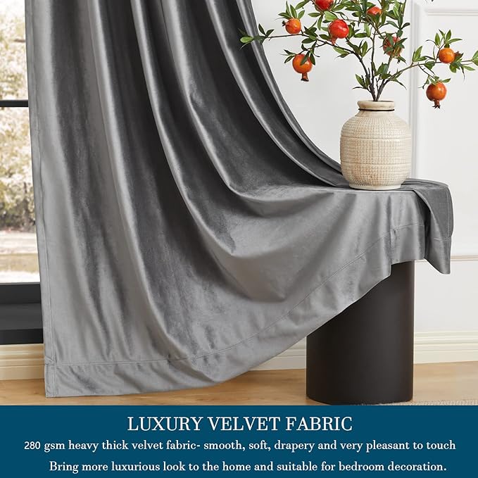 PRIMROSE Dark Grey Velvet Curtains 63 inch Long for Living Room,Set of 2 Panels Blackout Rod Pocket Back Tab Window Treatment Room Darkening Heavy Decorative Curtains Drapes for Bedroom