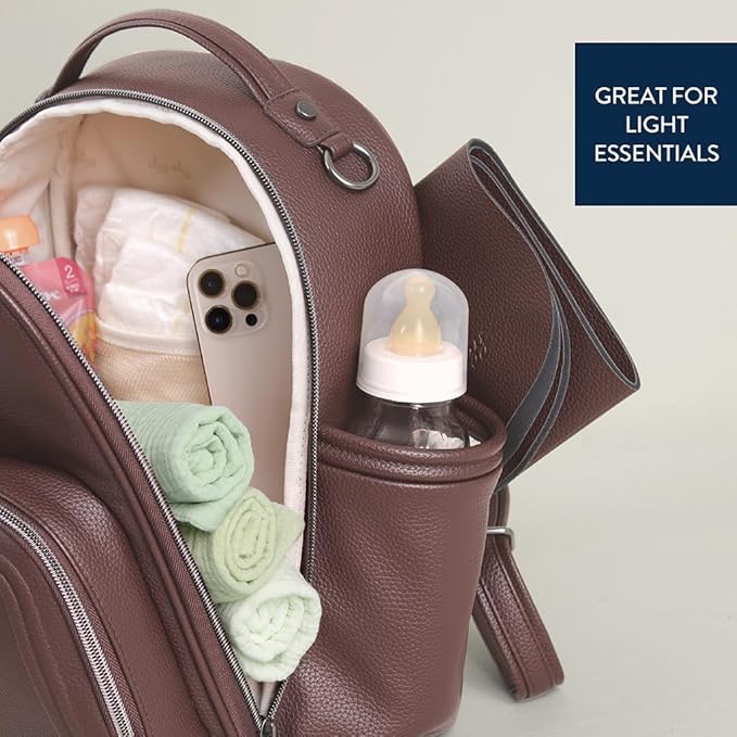 Itzy Ritzy Mini Diaper Bag Backpack – Chic, Compact Mini Plus Backpack with Changing Pad, 10 Pockets (6 Internal, 4 External), Grab-Top Handle & Rubber Feet (Espresso)