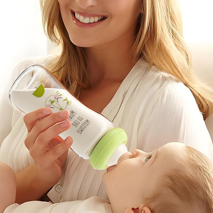 YOHKOH Natural Glass Baby Bottle with Level 2 Medium Flow Nipple, Newborn Anti-Colic Baby Bottles, Wide Neck Mushroom Baby Glass Bottle (8.8ounce (Pack of 4), Green1)