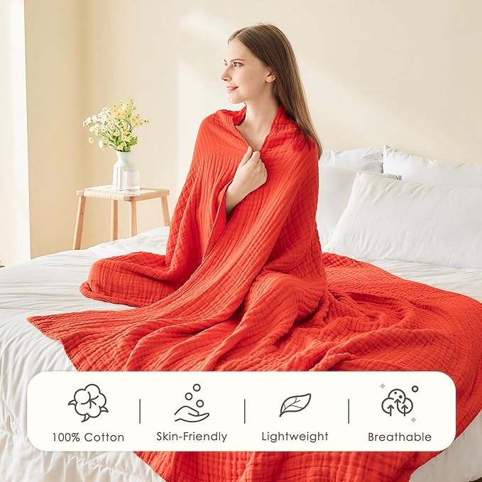 EMME Cotton Twin Blanket - 100% Muslin Soft, Breathable Gauze - All Season, Pre-Washed - Orange Rust, 60"x80"