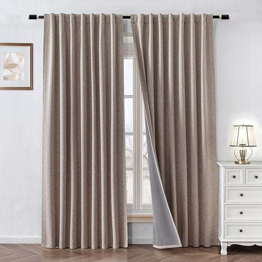 100% Blackout Curtains 108 inch Length 1 Panel Faux Linen Long Drapes for Bedroom Living Room Black Out Room Darkening Curtain Thermal Insulated Back Tab Rod Pocket(W100 x L108, Beige)