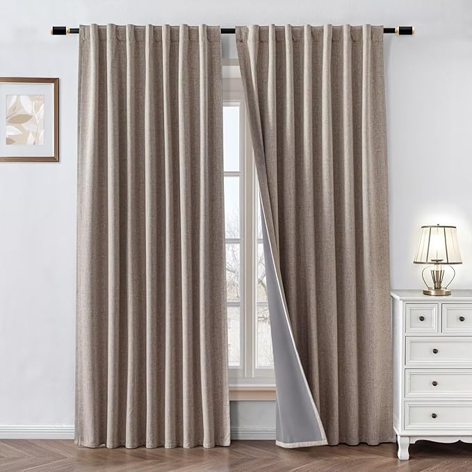 100% Blackout Curtains 108 inch Length 2 Panels Faux Linen Long Drapes for Bedroom Living Room Black Out Room Darkening Curtain Thermal Insulated Back Tab Rod Pocket(W37 x L108, Beige)